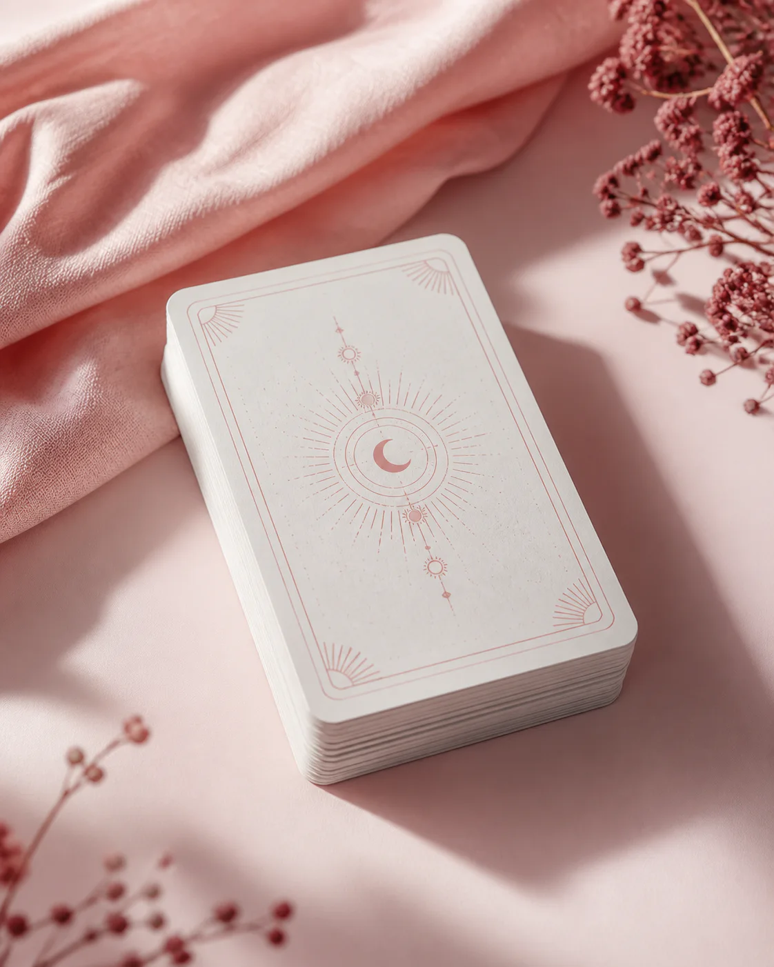 Een stapel face-down tarotkaarten op een zachte roze ondergrond